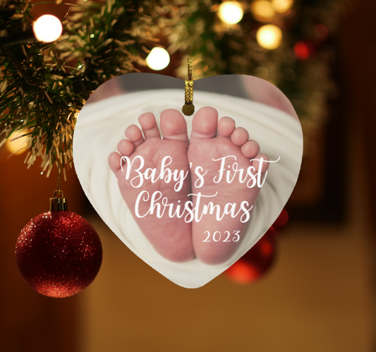Baby's First Christmas - Cuddled in White Blanket | Heart Shaped Ornament | 2023