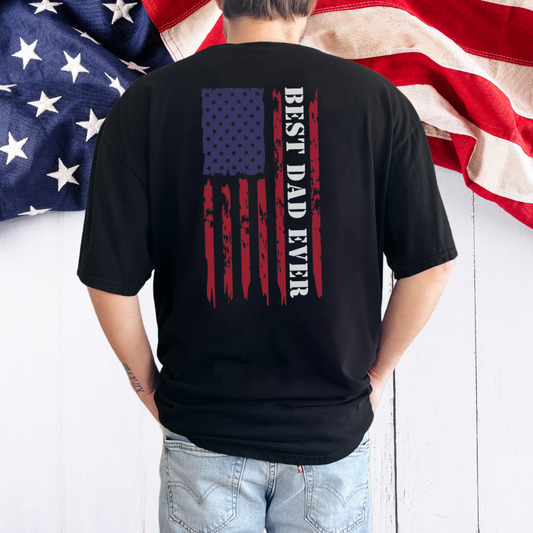 Best Dad Ever | Tattered US Flag - Color on High Quality Black T-Shirt