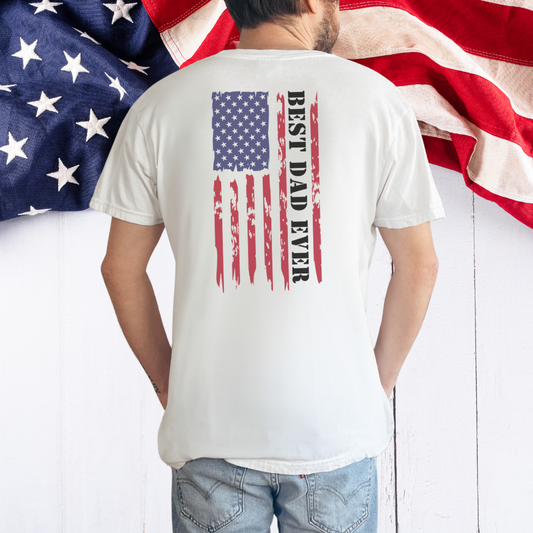 Best Dad Ever | Tattered US Flag - Color On High Quality White T-Shirt
