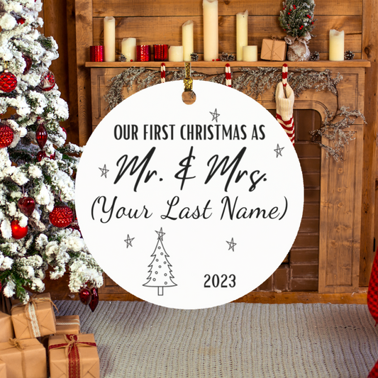 Our First Christmas as Mr. and Mrs. 2023 - Personalized Round Ornament