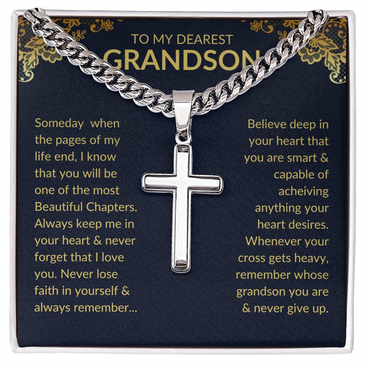 To My Dearest Grandson | Cross Necklace on Cuban Link Chain
