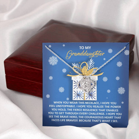 To My Granddaughter | Brave Hero | Love Knot Necklace (Yellow & White Gold Variants)