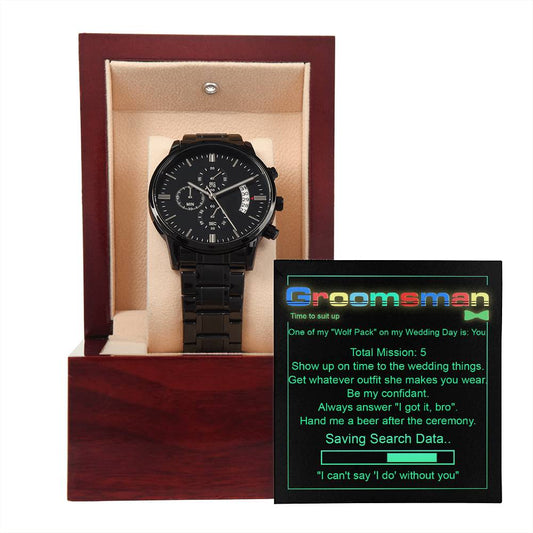 Groomsman | Saving Search Data | Black Metal Chronograph Watch