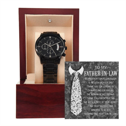 Father-In-Law | Truly Blessed | Black Metal Chronograph Watch