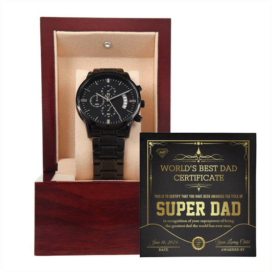 Dad | Super Dad Certificate | Black Metal Chronograph Watch