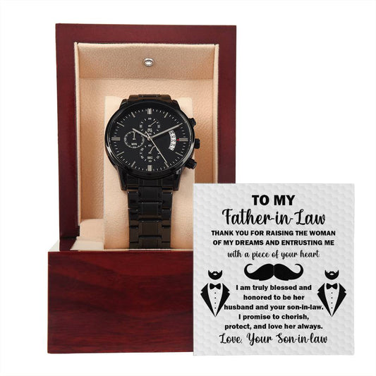 Father-in-Law | Thank You For... | Black Metal Chronograph Watch