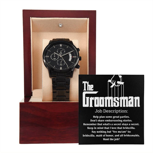 Groomsman | Job Description | Black Metal Chronograph Watch