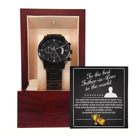 Father-In-Law | The Best | Black Metal Chronograph Watch