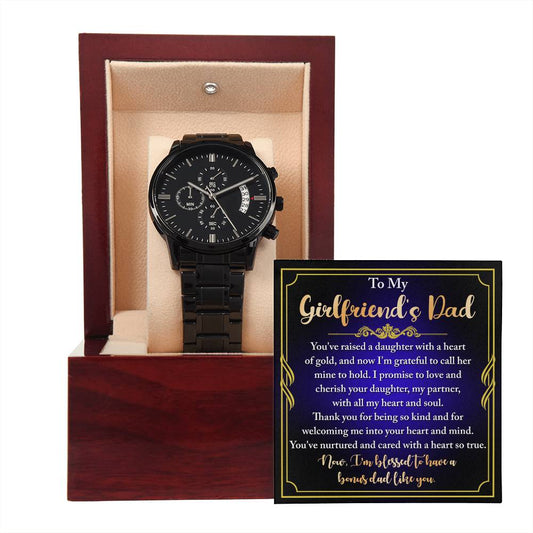 Girlfriend's Dad | Heart Of Gold | Black Metal Chronograph Watch