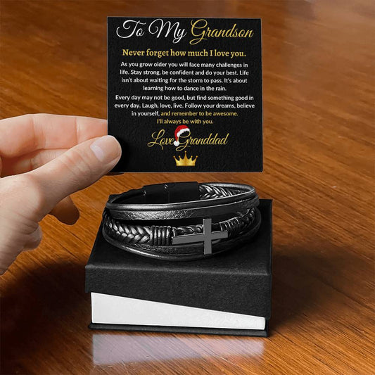 Top My Grandson | Cross Leather Bracelet | Love Granddad