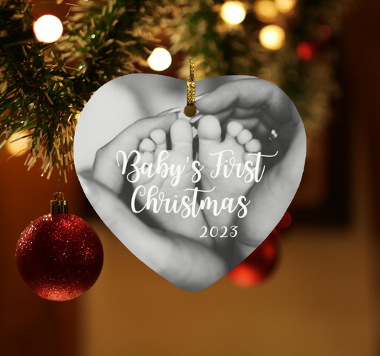 Baby's First Christmas - Black and White | Heart Shaped Ornament | 2023