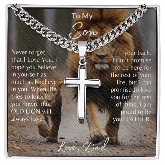 To My Son | This Old Lion Will Always Have Your Back | Love Dad | Personalized Cross Necklace