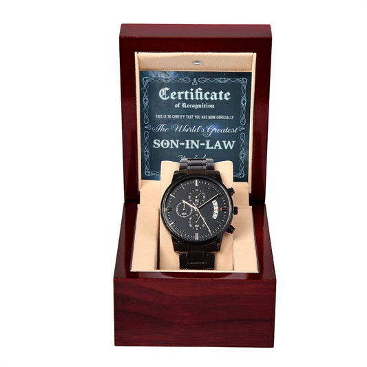 Son-In-Law | Certificate Of Achievement | Black Metal Chronograph Watch