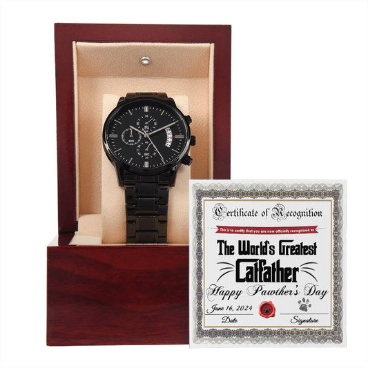 Catfather | Certificate Of Recognition | Black Metal Chronograph Watch