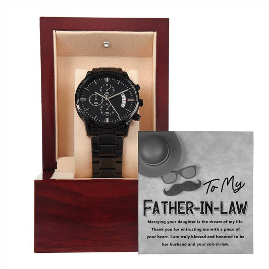 Father-in-Law | Honored To Be | Black Metal Chronograph Watch