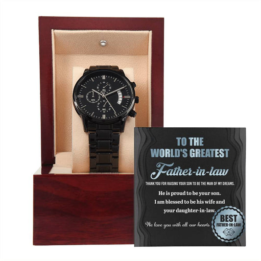 Father-in-Law | Proud To Be | Black Metal Chronograph Watch