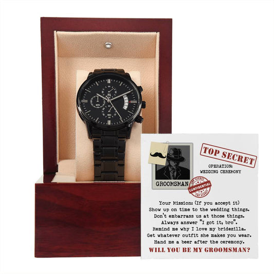 Groomsman | Top Secret | Black Metal Chronograph Watch