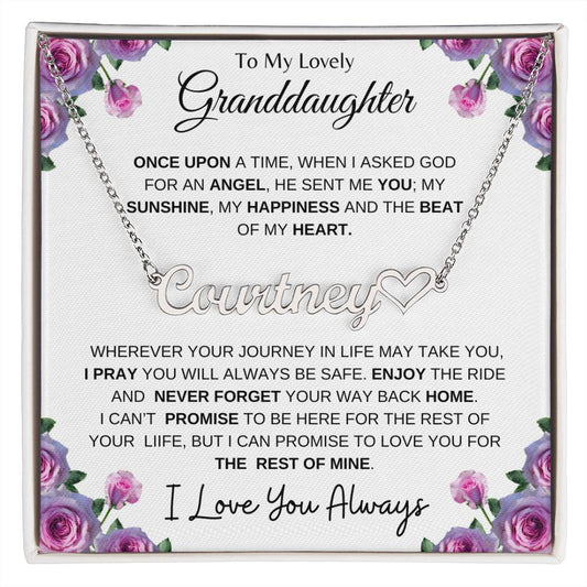 To My Lovely Granddaughter | My Angel... Pink Roses on White | Personalized Name with Heart Necklace