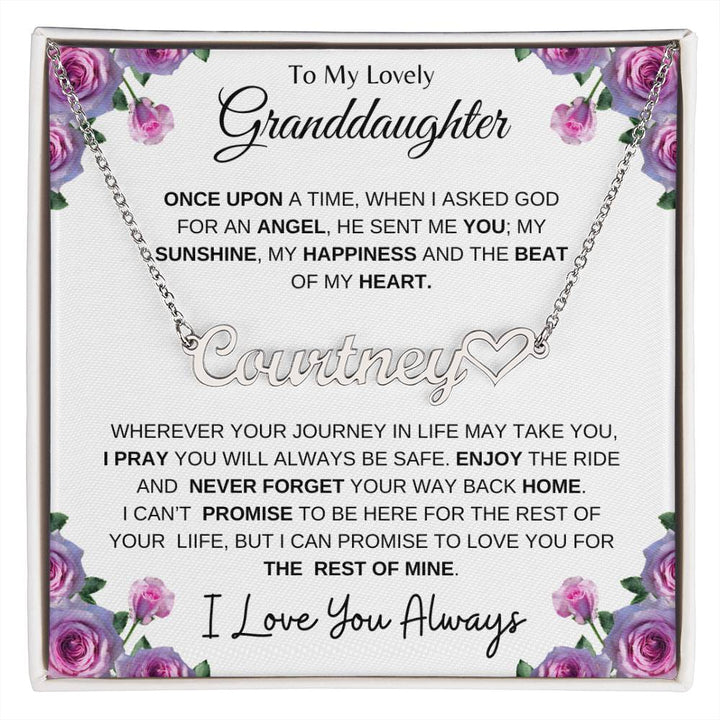 To My Lovely Granddaughter | My Angel... Pink Roses on White | Personalized Name with Heart Necklace