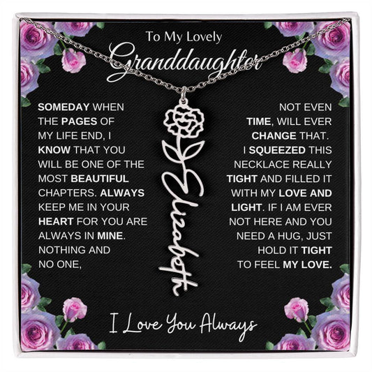 To My Lovely Granddaughter | Someday When...Pink Roses on Black | Personalized Birth Flower Necklace